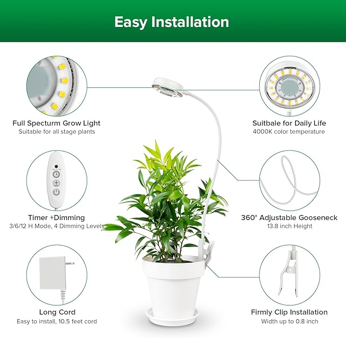 SANSI Grow Lights for Indoor Plants, Pot Clip LED Plant Light for Growing Full Spectrum, Plant Growing Lamp with 4-Level Dimmable, Auto On Off 3 6 12 Hrs Timer for Pot Plants, White 10W 1-Pack