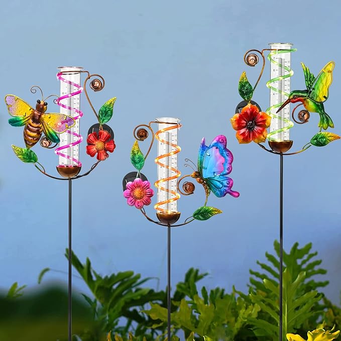 LEWIS&WAYNE 36.3” Hummingbird Rain Gauge Outdoor, 7” Glass Tube Solar Powered 10 Warm White LEDs Garden Metal Stakes Decorative Waterproof for Yard Garden Patio Lawn