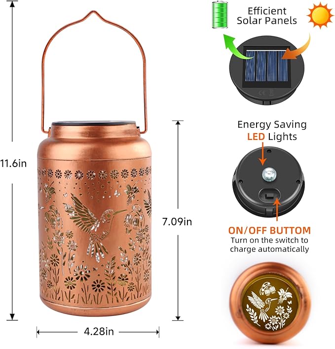 Hummingbird Solar Lanterns Outdoor Waterproof Hanging Solar Lights Metal Decorative LED Lanterns Outside Decor for Garden,Yard,Patio,Lawn Christmas Gifts for Women Mom