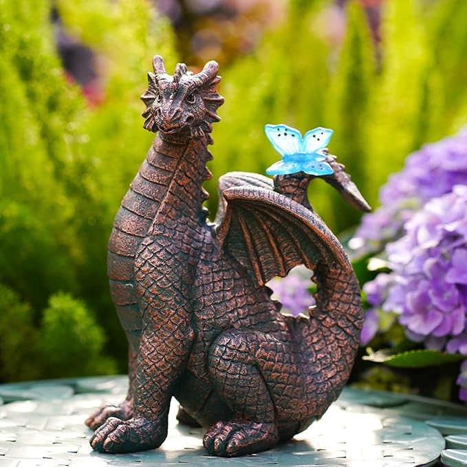 Garden Decor Solar Dragon Statues: Outdoor Sculptures with Glowing Butterfly for Lawn Ornaments Yard Art Porch Patio Balcony - Gifts for Mom Grandma Women