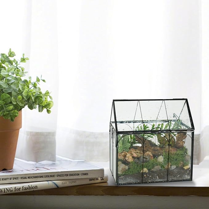 Ferrisland Glass Terrarium Plants with Lid, Black Geometric Terrarium Jar for Succulent Air Carnivorous Plant Moss Snail, House Shape Mini Tabletop Greenhouse Indoor Decor DIY Present (Only Terrarium)