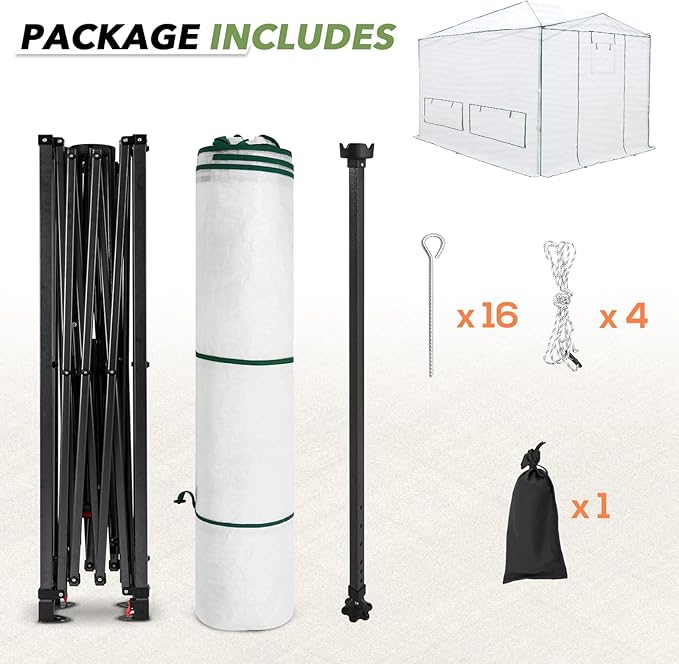 EAGLE PEAK 12x8 Portable Walk-in Greenhouse, Pop-up Indoor Outdoor Garden Green House, Zippered Doors and Windows, Heavy Duty Woven PE Cover, White