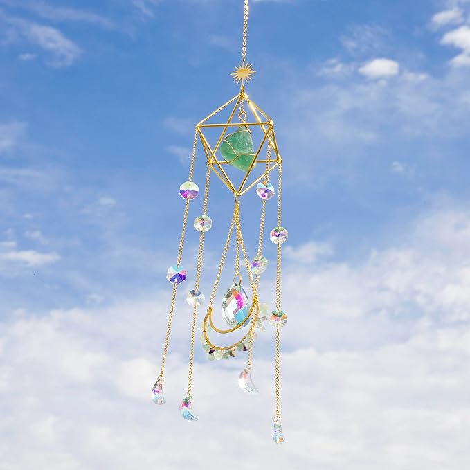 Crystal Suncatchers for Windows, Green Fluorite Gemstone Sun Catcher Hanging, Spiritual, Rainbow Maker, Crystal Boho Decor Indoor Outdoor, Natural Stone (Green Fluorite)