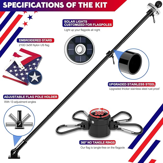 ZMTECH 5FT Flag Pole Kit with Solar Light and Proud American Flag, Adjustable Bracket and Upgraded Tangle-Free Ring 1" Stainless Steel Flagpole for Day and Night, Residential, Commercial, Black