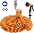 3/8” Lightweight Coil Garden Hose 100 FT, EVA Retractable Curly Water Pipe with 6-Pattern Spray Nozzle for Boat, Greenhouse, Yard, Patio (Orange)