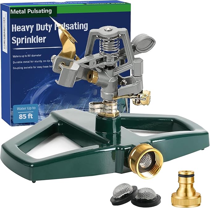 Heavy Duty Metal Pulsating Sprinkler for Yard - 360 Degree Roating Automatic Water Sprinkler for Lawn with Metal Base, Pulsating Impact Sprinklers for Large Area Covers Up to 85‘ Diameter