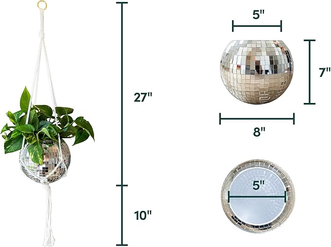 Hanging Disco Ball Planter 8" - with Acrylic Stand and Macrame Plant Hanger - Home Décor, Room Décor, Patio or Boho Décor, Mirror Disco Planter, Disco Decor (8" with Base)