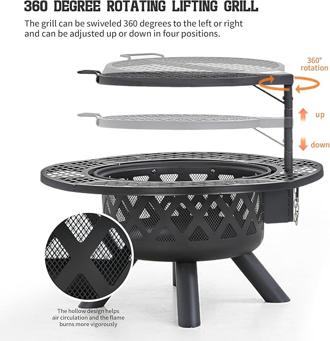 BALI OUTDOORS Fire Pit with Poker, 32 inch Outdoor Fire Pit Patio, Wood Burning Firepits for Outside with Grill