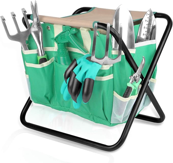 9 PCS All-in-one Garden Tools Set, Heavy Duty Cast-Aluminium Alloy Gardening Tools Kit with Folding Stool Seat&Detachable Canvas Tool Bag , Non-Slip Rubber Grip, Outdoor Hand Tools