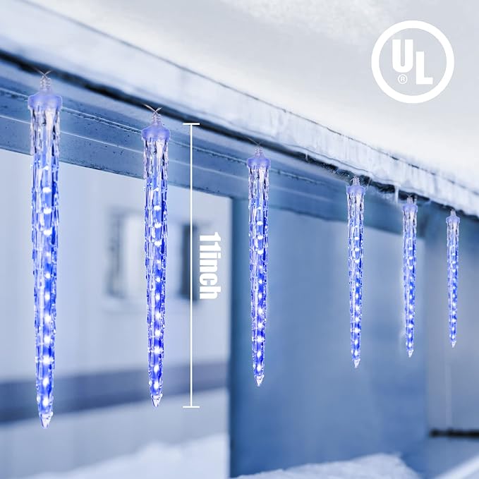 Christmas Icicle Lights Outdoor, 10Ft. Meteor Shower Lights with 10 Large Icecycles, Snowfall Shooting Star Light Effect, Falling Crystal Christmas Decorations for House Eave Roofline Patio, Blue