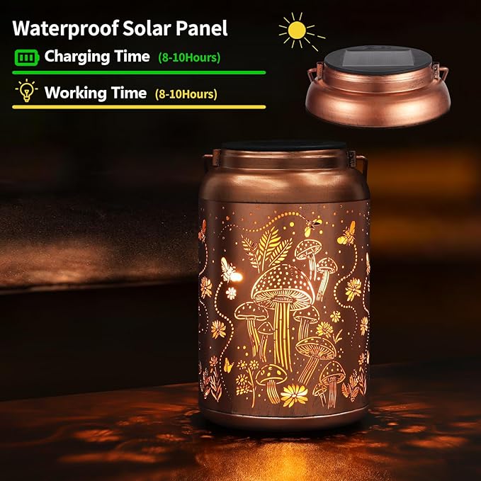 Solar Lanterns Outdoor Waterproof Bee Mushroom Decoration Gifts for Women Mon Grandma Hanging Solar Lights for Outside Metal LED Lanterns for Yard, Patio, Garden Decor