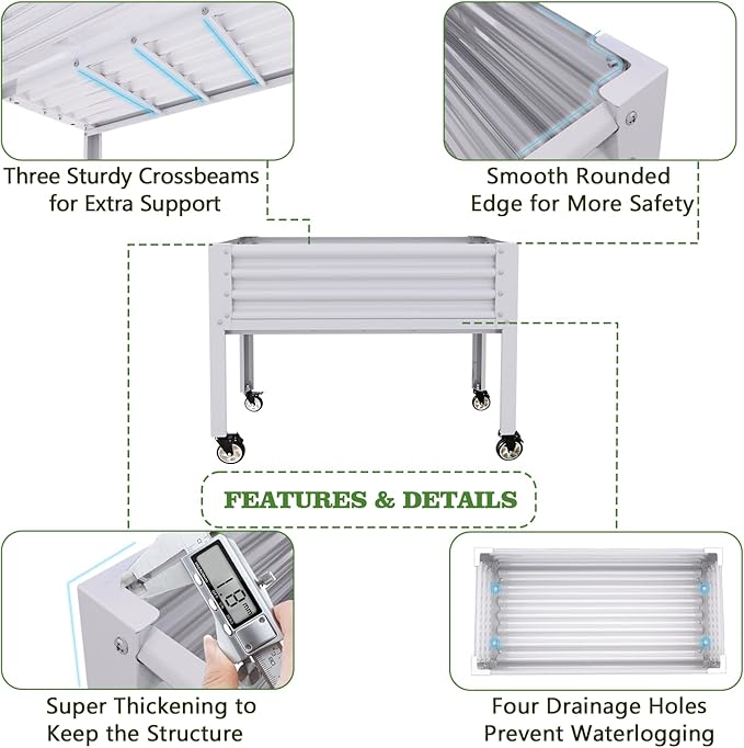 A ANLEOLIFE Galvanized Raised Garden Bed with Legs,48x24x35in Large Elevated Planter Box on Wheels with Drainage Holes for Backyard, Balcony, Patio, 600lb Capacity, Antique White