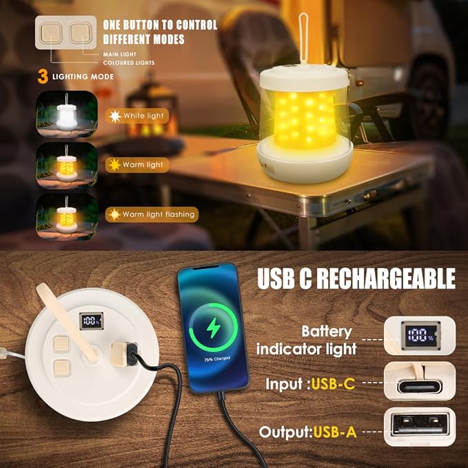 UniqueFire Portable 2 in 1 Camping Lantern，Camping String Lights Outdoor，Rechargeable LED Tent Lantern with Warm String Lights for Camping, Party, Garden and Yard Outdoor Decoration