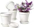 LE TAUCI Ceramic Plant Pots, 4.9 Inch Flower Pots with Drainage Hole & Saucer, Embossed Planter Pots for Indoor Plant Succulent, Orchid, Cactus, Home Decor - Set of 4, Arctic White