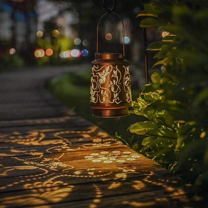 Solar Hummingbird Lanterns Outdoor Hanging Decor Lantern,Waterproof Hollow Out Metal Decorative Garden Light,Graceful Decoration for Patio,Yard,Landscape,Walkway,Festival