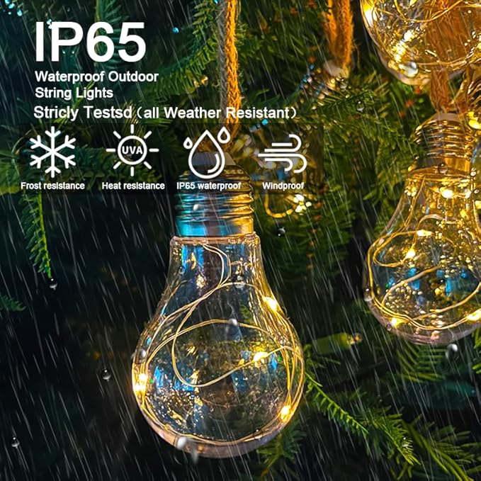 30FT Solar String Lights Outdoor Waterproof with Remote, 20 Edison Shatterproof Bulbs String Lights for Outside, Hemp Rope Solar Powered Lights with 8 Modes for Fence Tree Cafe Bistro Party