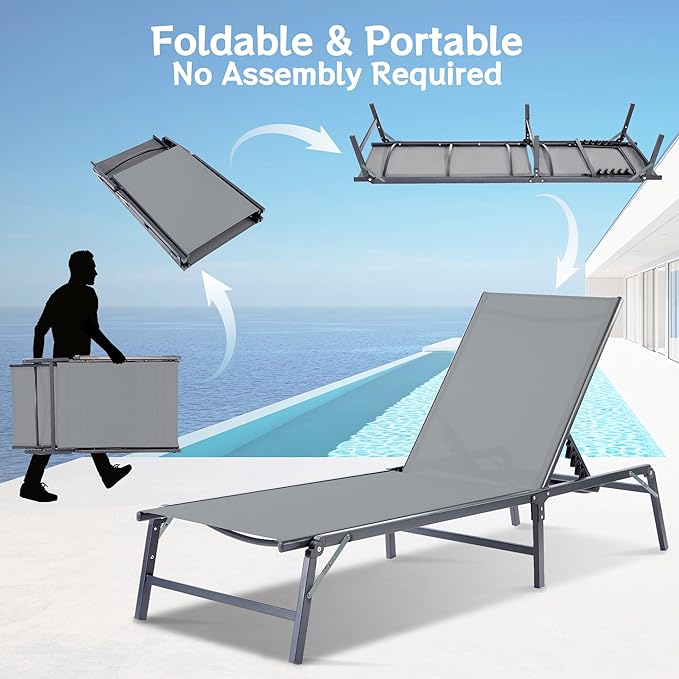 Outdoor Chaise Lounge Chair, Foldable & Assemble-Free, 6 Adjustable Positions, Durable Rust-Resistant Frame, Portable Outdoor Pool Lounge Chairs for Pool Patio Beach, Grey