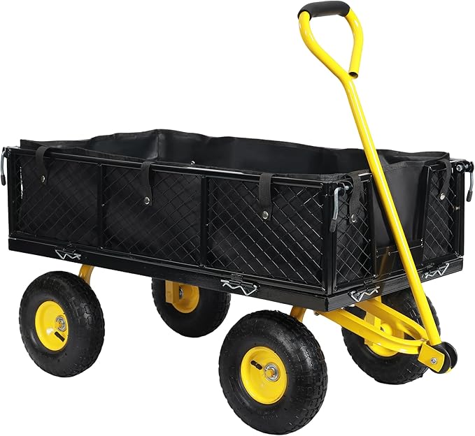 SUNNYFEEL 900 Lbs Capacity Heavy Duty Mesh Steel Garden Cart,Folding Utility Cart with Removable Side Nets, Non-Slip Rubber Base, Black & Yellow,Upgraded Version