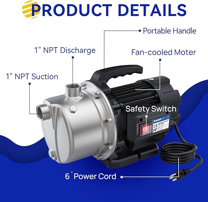 Acquaer 1.5 HP Portable Shallow Well Pump Garden Pump, Stainless Steel, 1210 GPH, 115V Sprinkler Water Transfer Draining Irrigation for Water Removal and Lawn Garden