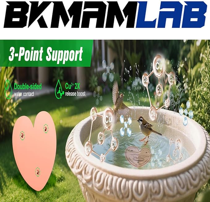 2-Pack 99.99% Pure Copper Bird Bath Purification Disk,Copper Disc with Stable Triple-Point Support,Fits All Outdoor Bird Baths(Heart-Shaped&Round)