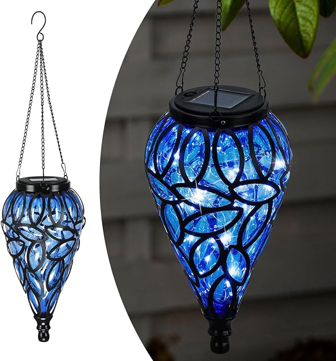 Solar Hanging Lantern Outdoor Lights, Tear-Shaped 15 LEDs Cool White Hanging Lights with S Hooks Decor in Garden, Yard, Pathway, Front Door and Landscape