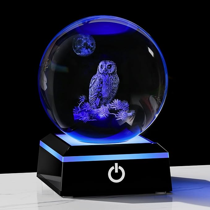 Qianwei Owl Gifts for Women 3D Crystal Ball 3.14'' - Laser Owl Decor Glass Animals Bird Figurines Statue Stuff for Room Decorations Bird Night Light