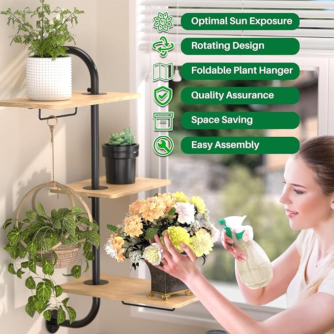 YUOROS Window Plant Shelves, 3-Tier Rotating Plant Shelf Stand, Indoor Metal Wall Plant Holder