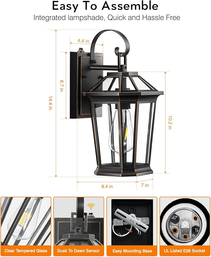 VIANIS Dusk to Dawn Exterior Light Fixture, Waterproof Outdoor Wall Sconce Porch Light for House, 100% Anti-Rust Aluminum Outside House Lights, Farmhouse Coach Lantern for Garage, Front Door 2Pcs