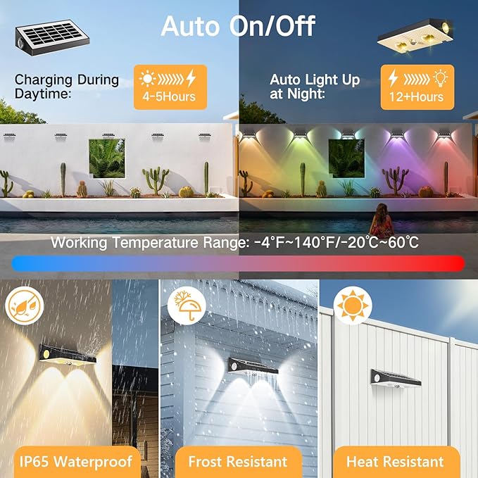 OUTON Solar Fence Lights Outdoor, 3-Side RGBCW Fence Light Solar Powered, 10 Modes Dusk to Dawn Auto ON/Off Deck Lights, IP65 Waterproof Outside Light for Garden Step Patio Backyard Wall, 6-Pack