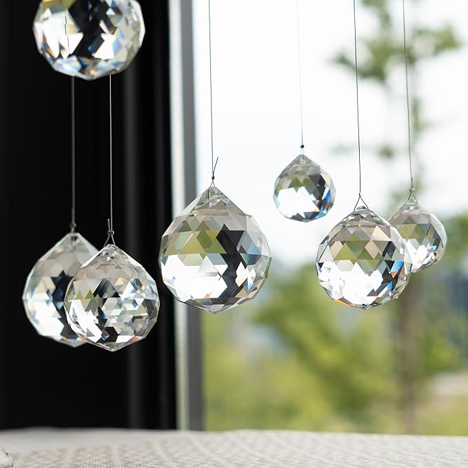 Crystalsuncatcher 10pcs Crystal Glass Ball Chandelier Prisms Pendants Parts Rainbow Crystal Suncatcher DIY Parts (20mm,Clear)
