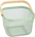 Metal Mesh Steel Basket, Storage Organizer Basket Multi-functional Hanging Kitchen Basket Fruit Basket Bin with Bamboo Handle, 9.84 x 10.2 x 7 inch, Mint Green