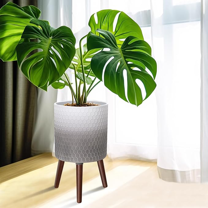 10 Inches Plant Pot with Stand, Large Modern Standing Planters with Drainage Holes for Indoor Plants, White&Gray Flower Pots with Legs