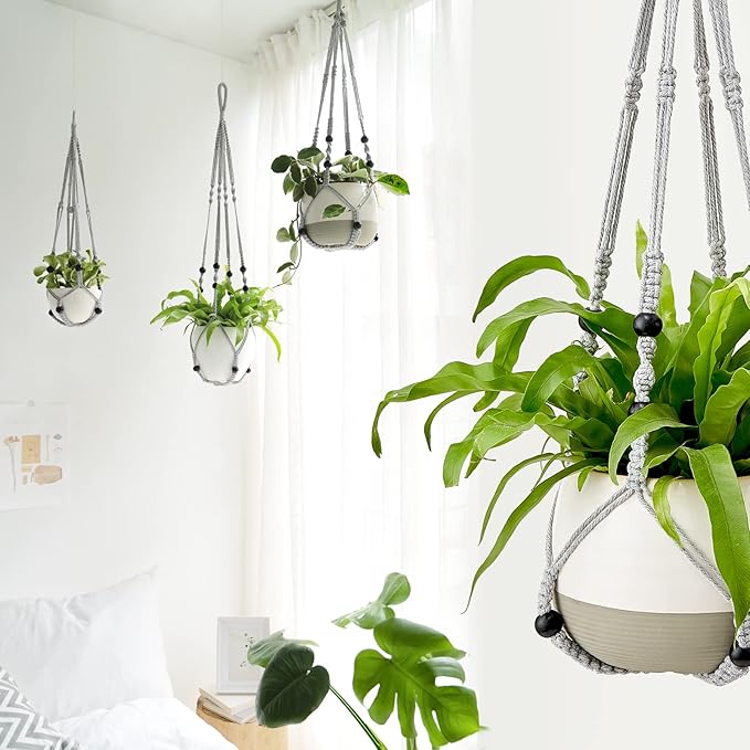 Mkono Macrame Plant Hanger Indoor Hanging Planter Basket with Wood Beads Decorative Flower Pot Holder No Tassels for Indoor Outdoor Boho Home Decor 35 Inch, Gray, Set of 3 (POTS NOT Included)