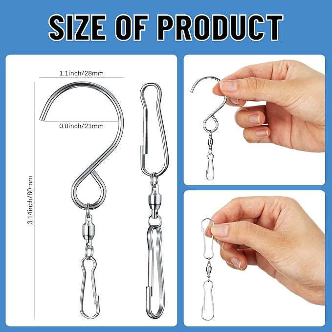 Wind Spinner Swivel Hooks 360 Degree Dual Spinning Windsock Chime Supplies Hanger Swivels Clip Hanging Hooks with Storage Box for Wind Spinners Supply, 2 Styles (Metal Color,20 Pieces)