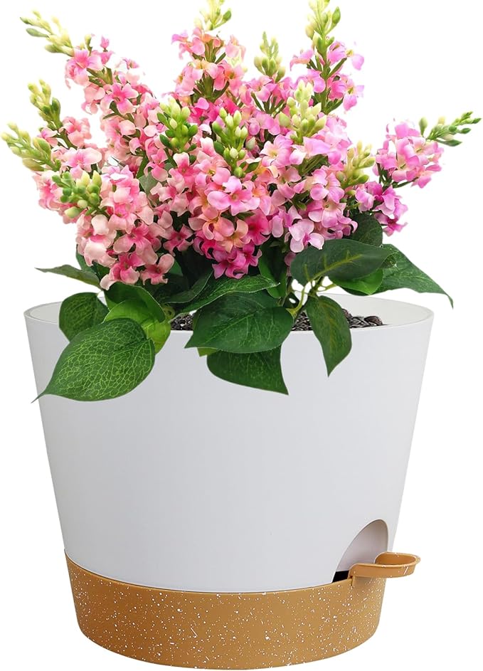 12 inch Large Self Watering Pots for Indoor Outdoor Plants, Flower Plant Pots with Drainage Holes for Garden House Plants, Plastic Planters with Reservoir for Home Plants, White with Brown