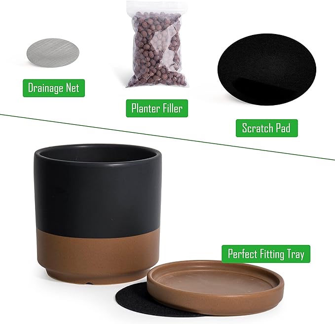 D'vine Dev Set of 2 Plants Pots, 8 Inch Ceramic Planter Pot for Plants with Drainage Hole and Saucer, Black/Speckled Tan, 94-V-D-7