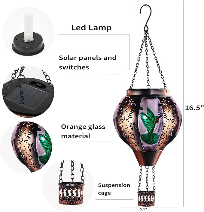 Hot Air Balloon Solar Lantern Outdoor - Flame Hanging Solar Light Waterproof Lanterns for Patio Garden Yard Farmhouse Decor, Great Gift(Hummingbird 2)