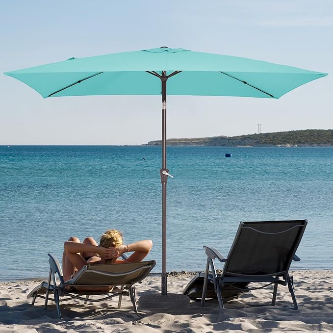 JEAREY 6.5x10 ft Rectangular Patio Umbrellas Outdoor Market Umbrella with Push Button Tilt and Crank, Rectangle Table Umbrella 6 Sturdy Ribs UV Protection for Pool Garden Backyard Deck, Peacock Blue