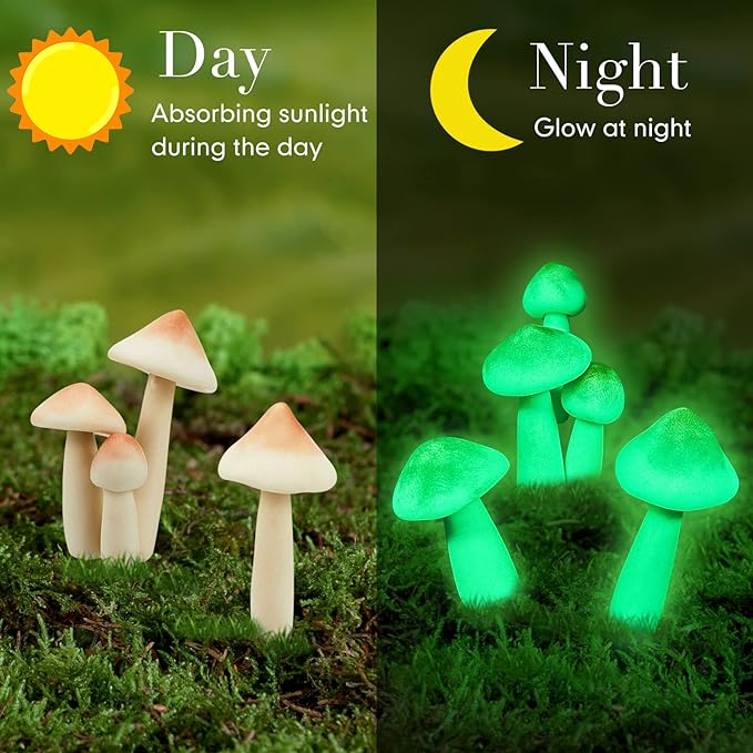 Taiyin 10 Pcs Luminous Mushroom Miniature Garden Mushrooms Outdoor Decor Waterproof Glow in The Dark Yard Decor for Fairy Outdoor Garden Micro Landscape Christmas Tree Decor
