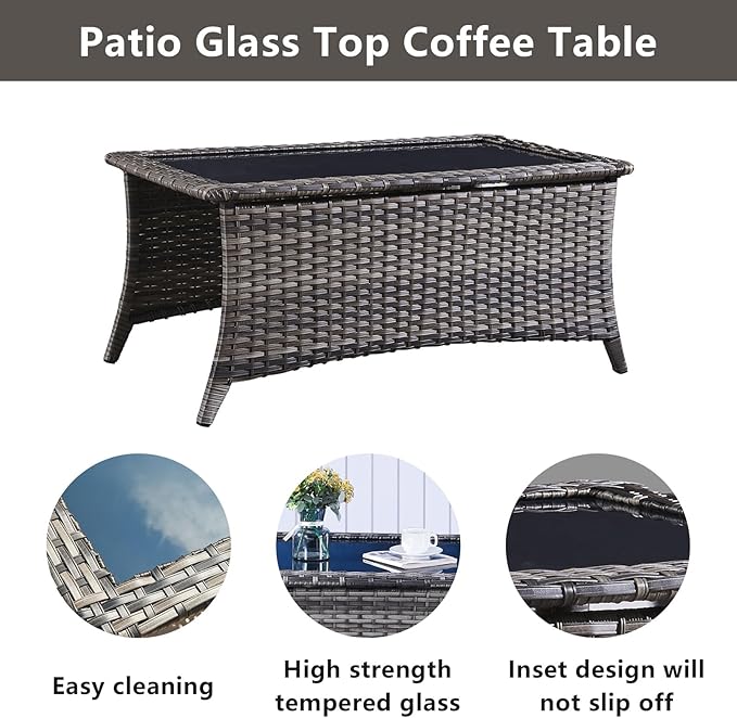 Wicker Outdoor Furniture Patio Furniture Set - 6 Piece Patio Conversation Set with Swivel Rocker Chairs, Rattan Sofa, Ottomans and Coffee Table, Blue Cushion