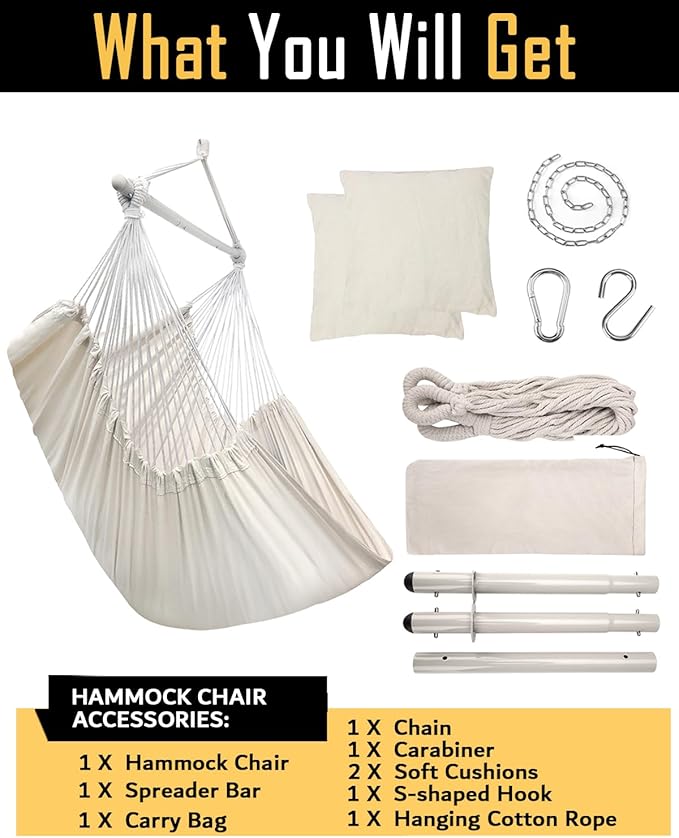 ADVOKAIR Hammock Chair Hanging Chair Rope Swing XXL - Max 500lbs, 70in Large Hammock Swing Chair -Portable Steel Spreader Bar with Anti-Slip Rings-Roomy & Strong