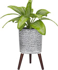 12 Inches Plant Pots with Stand Mid Century Flower Pots with Wood Legs Large Mode Cylinder Planter with Drainage Holes for Indoor Plants,Garden,Decorative-Grey