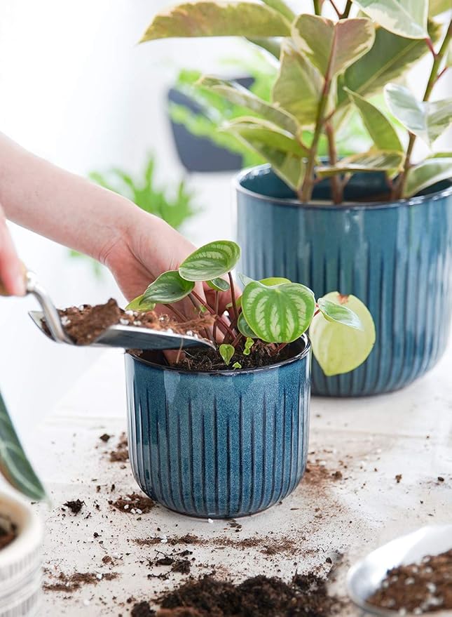 LE TAUCI Ceramic Pots for Plants, 8.3+6.9+5.7 inch Plant Pots Indoor, Flower Pots with Drainage Holes, Medium Cylinder Planters Pot for Indoor House Plants, Set of 3, Glaze Ocean Blue