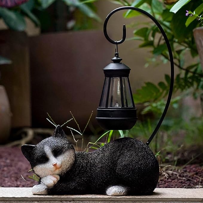 Solar Garden Outdoor Cat Statues Cute Resin Cat Figurine with Solar Lantern, 13 Inch Tall Outdoor Garden Cat Statue Decor for Pathway Yard Lawn Patio & Porch, Gift for Mom and Grandma