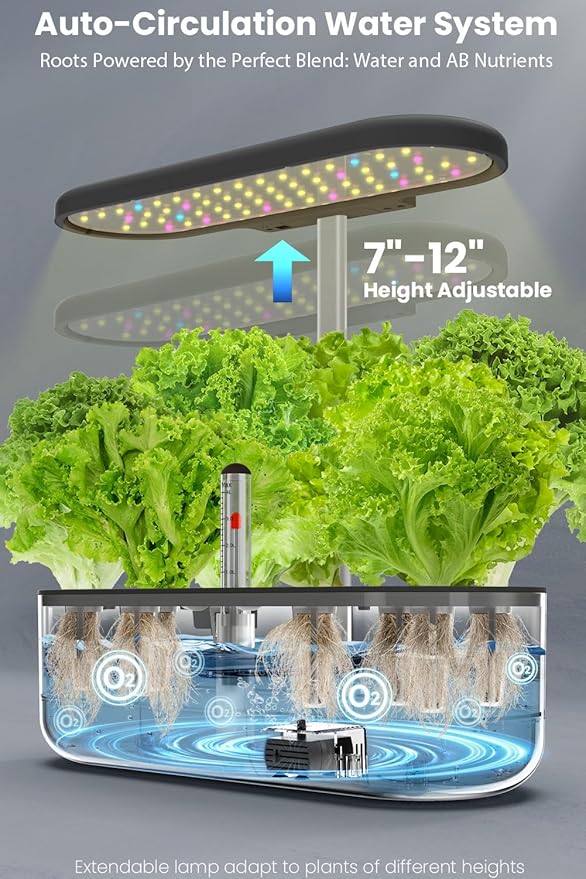 inbloom 12 Pods Hydroponics Growing System Kit, Herb Garden Planter Indoor Kit, Indoor Gardening Hydroponics Growing System with Pods, 4.2L Water Pump, Height Adjustable, Gifts for Woman, Black