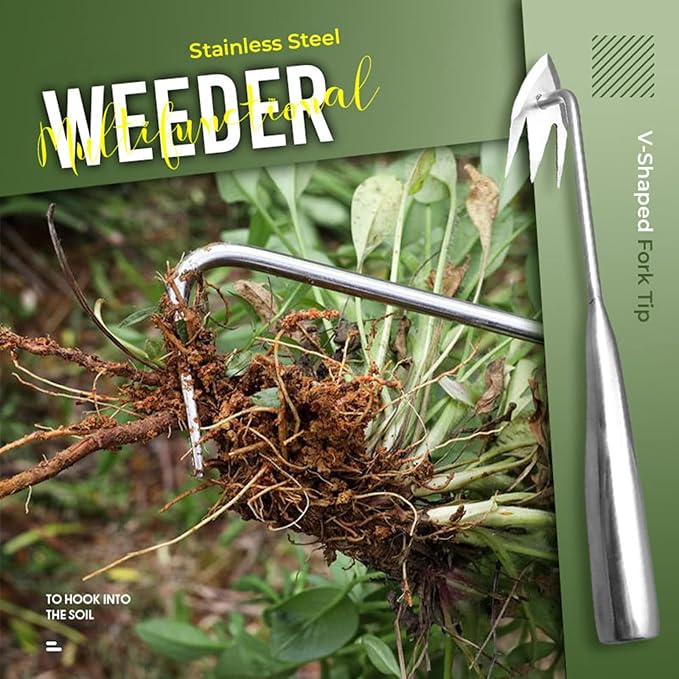 Stainless Steel Multifunctional Weeder, Hand Weeder Tool Stand Up Weed Puller Tool with Long Handle, V-Shaped Light Duty Hand Weeder for Lawn Garden Yard Farmland Weed Removal (Wood Handle 2PCS)