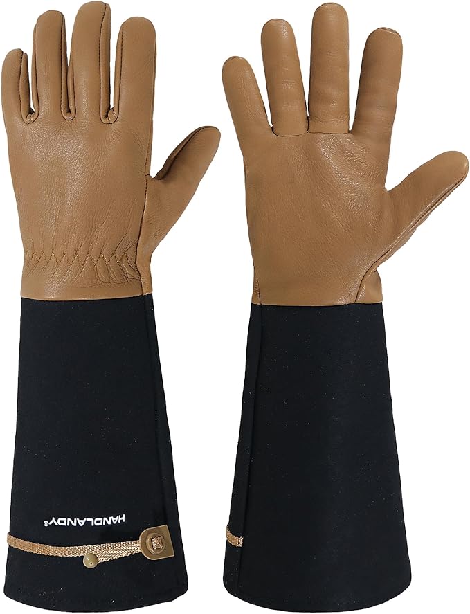 HANDLANDY Long Gardening Gloves for Men & Women, Cowhide Leather Rose Pruning Gloves, Breathable Thorn Proof Gauntlet Glove (Brown-Cowhide, S)