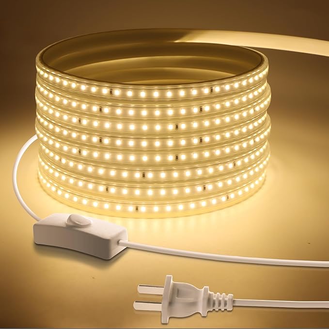 Outdoor LED Strip Lights,AC110V 65.6FT/20M LED Light Strip,IP65 Waterproof 3500K Flexible LED Rope Lights for Patio Backyard Garden Kitchen Lighting(65.6FT, Warm White)