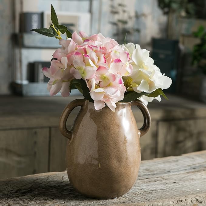 Brown Ceramic Vase with 2 Handles, Modern Farmhouse Decor, Rustic Terracotta Pottery, Decorative Flower Vases, Clay Small Vase, Centerpiece for Dining Table - 7 Inch Tall