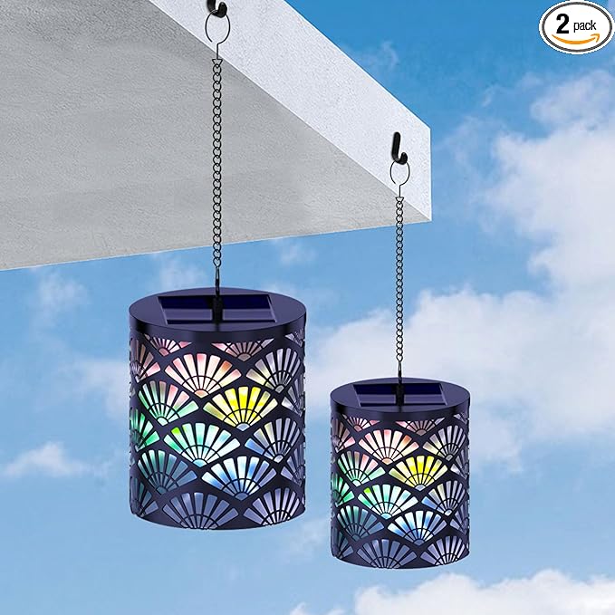 RGB Solar Lanterns Outdoor Waterproof Hanging Solar Lights Gifts for Men Women Metal Decorative LED Lanterns for Yard, Patio, Lawn, Tabletop, Pathway, Landscape, Garden Decor Fan Style(2 Pack)